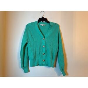 LOFT Cardigan Sweater Women Medium Mint Green Pointelle Chevron Knit V-Neck